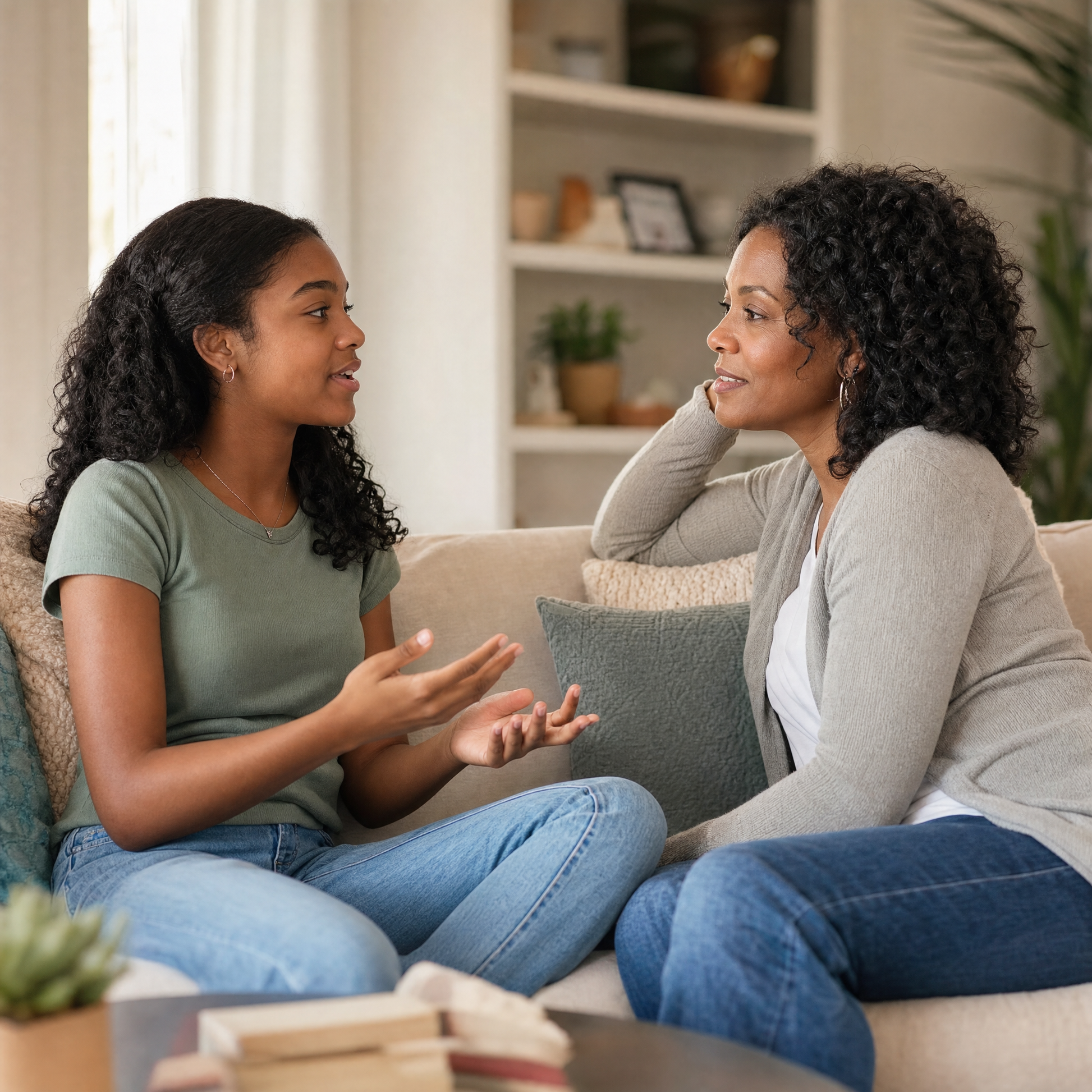 Parent having a calm conversation with child after following the Parallel Parenting Guide
